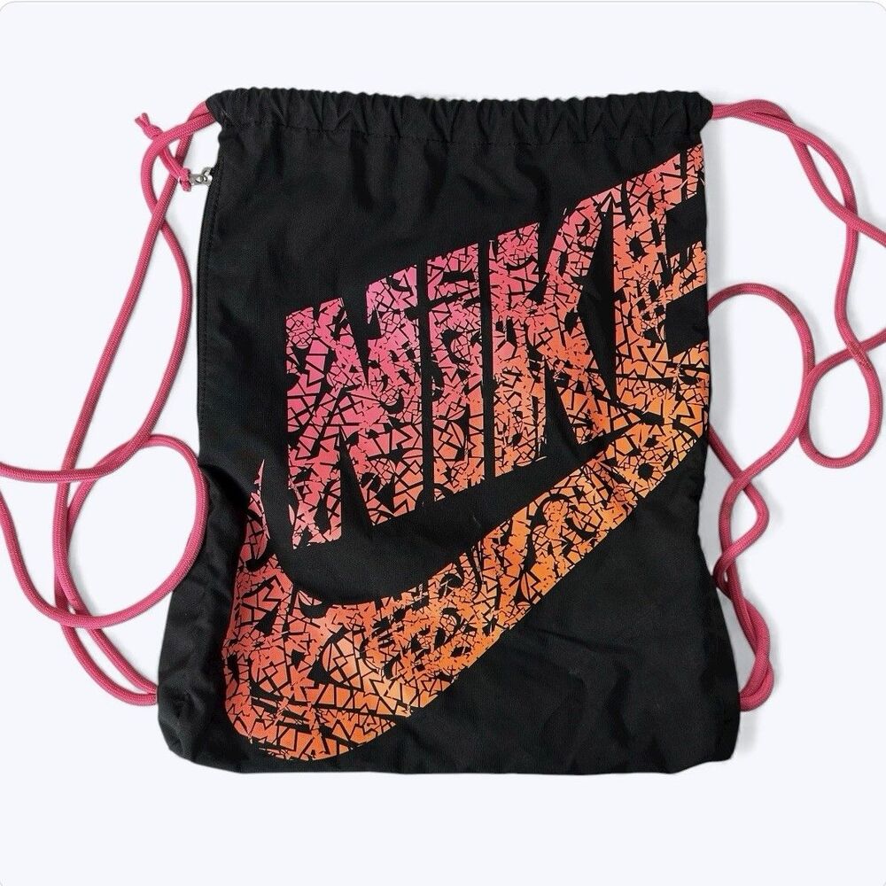 Nike Swoosh Cinch Pack Drawstring Bag Zipper Pocket Hot Pink Orange Sports‎ Gym